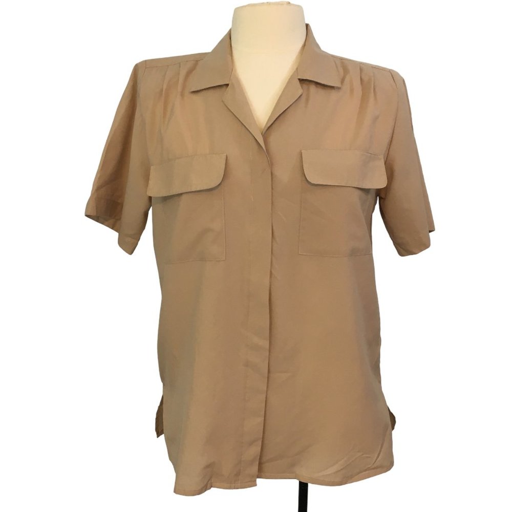 Yves St.‎ Clair Womans Vintage Beige Short Sleeve Blouse, Top, sz 10, 40 Bust